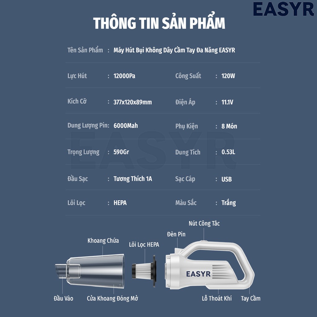 [HÀNG THÁI LAN] MÁY HÚT BỤI KHÔNG DÂY CẦM TAY ĐA NĂNG 4IN1 EASYR [CÓ SẴN] LỰC HÚT 12000PA, SẠC NHANH 2,5TIẾNG [BH 12T]