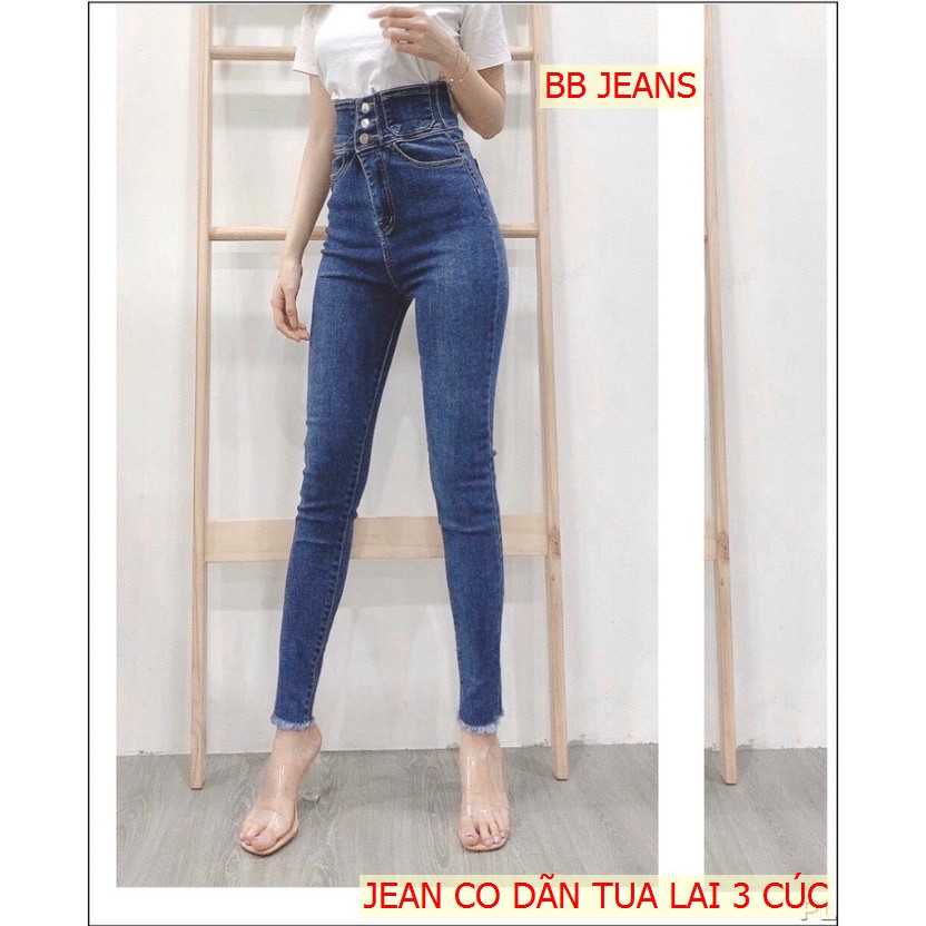 Quần jean nữ xanh trơn lưng cao 3 cúc cao cấp -chất denim co dãn tốt - quần chuẫn shop BB JEANS