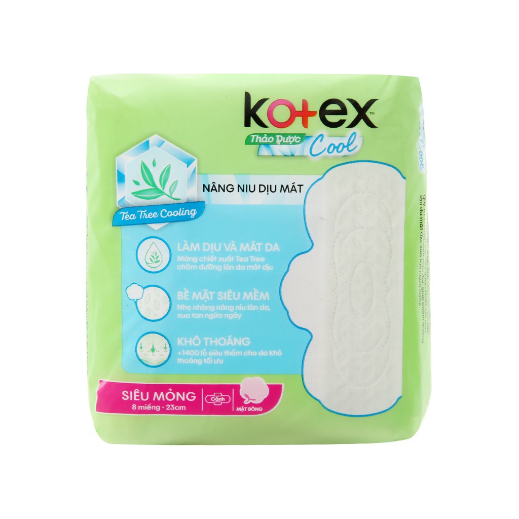 Băng vệ sinh Kotex thảo dược Cool siêu mỏng cánh 23cm (8 miếng)