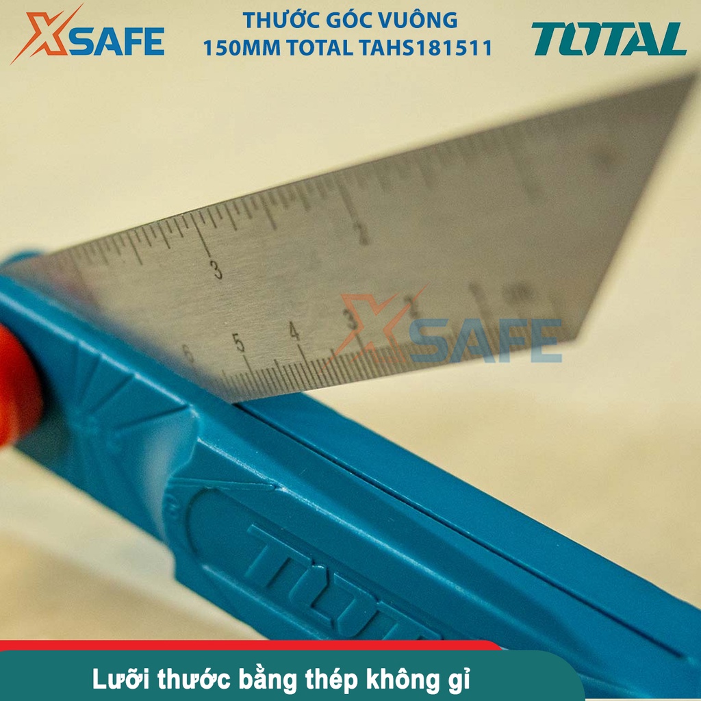 Thước góc vuông 150mm TOTAL TAHS181511, có mực nước thủy, chiều rộng lưỡi thước 28mm, đánh dấu góc chính xác