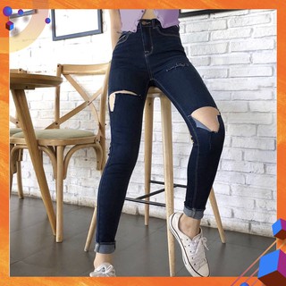 [Size 32~36] Quần Dài Jean Xanh Đậm Rách Nhiều - Lưng Cao/Co Giãn