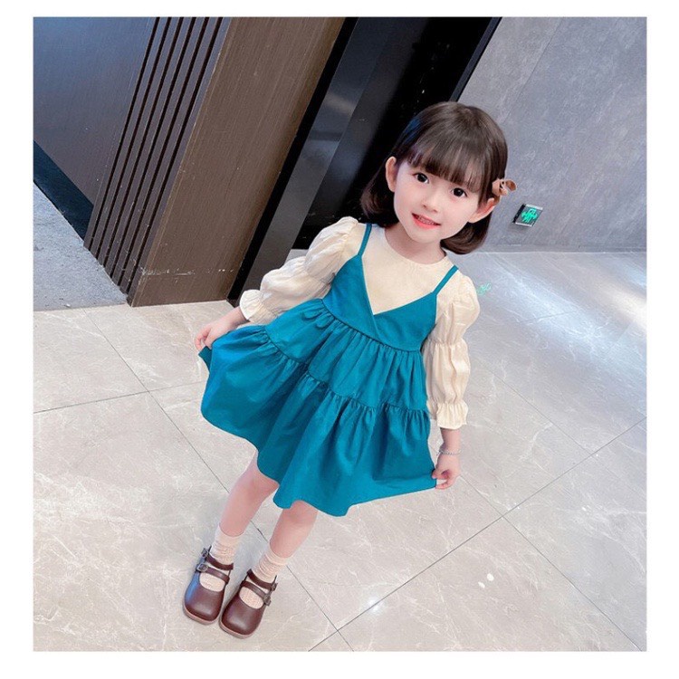 Váy bé gái dài tay dây yếm liền áo trắng nơ lưng 2 mầu Xanh Vàng 8-35kg XHN1057