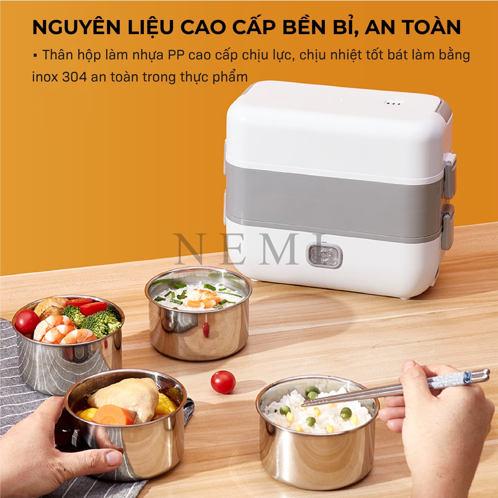 Hộp Cơm Cắm Điện NEMI 2 Tầng Với 2 Bát 4 Bát Inox Phong Cách Nhật