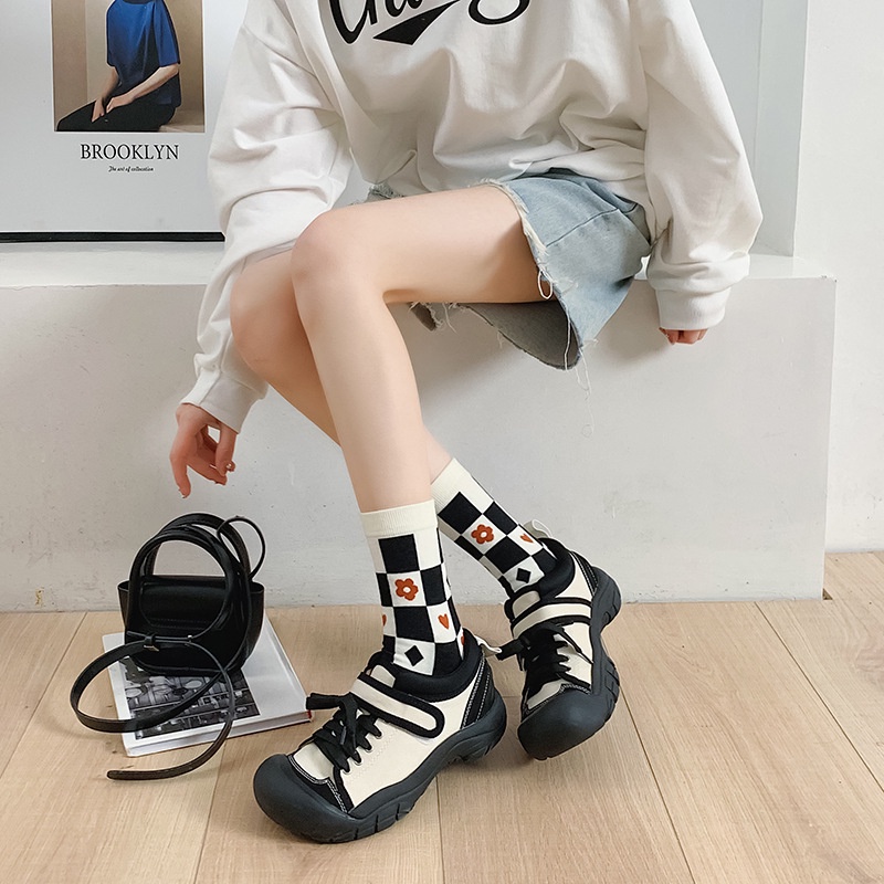 WAFNHA D571 Vớ Nữ Họa Tiết Sọc Ca Rô/ Hoa/ Trái Tim Phong Cách Mới Cho Nữ