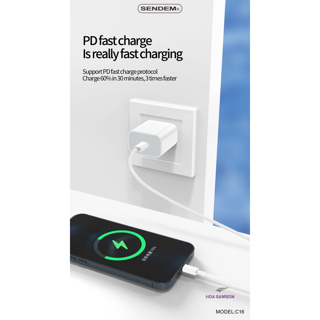 Bộ sạc nhanh Sendem C16 PD12W  Dành Cho IP11,IP11 Pro,11Pro Max,tablet táo,laptop táo