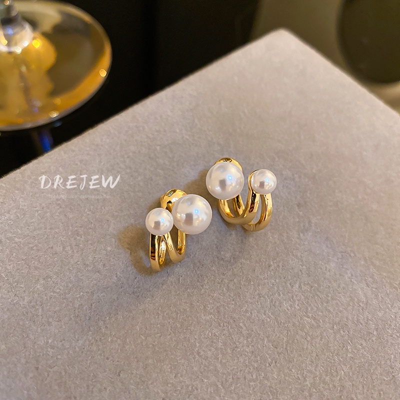 DREJEW Khuyên tai bạc 925 hình chữ C đính ngọc trai phong cách Hàn Quốc đơn giản thời trang