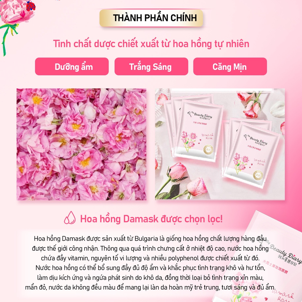 Mặt nạ dưỡng ẩm và sáng da My Beauty Diary Taiwan Damask Rose Mask Hoa hồng 23ml/Miếng