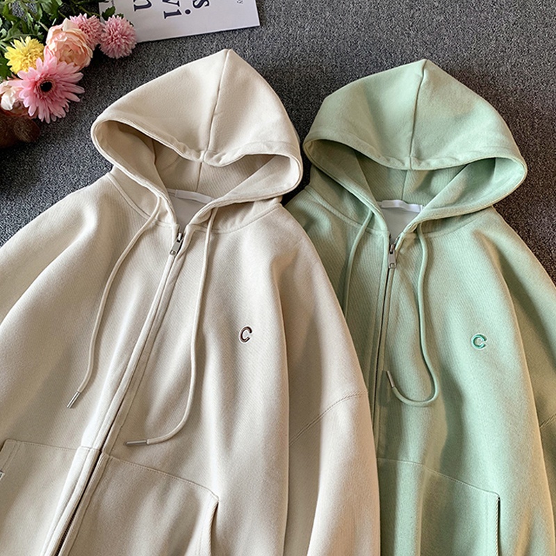 Áo Khoác Hoodie Zip 3 Màu Nam Nữ Ulzzang Unisex - Áo khoác nỉ mũ form rộng nỉ bông dày dặn cotton mềm mịn thêu chữ C