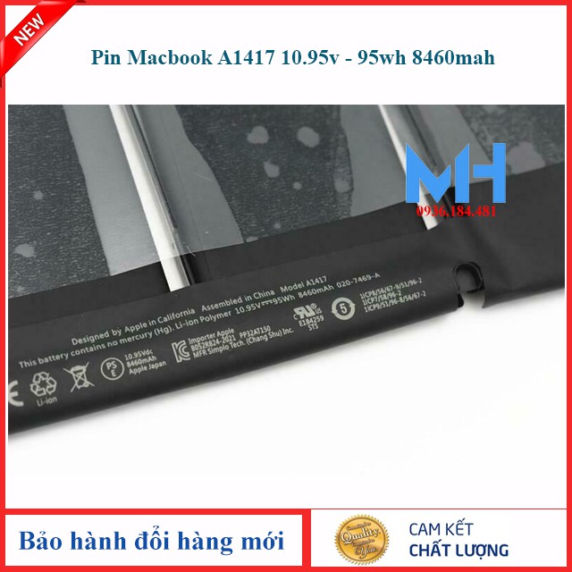 Pin Macbook Pro 15" A1398 A1417 A1494 ME293 ME294 ME664 ME665 MC975 MC976 Retina 2012 Retina 2013 Late 2013 Mid 2014 ZIN