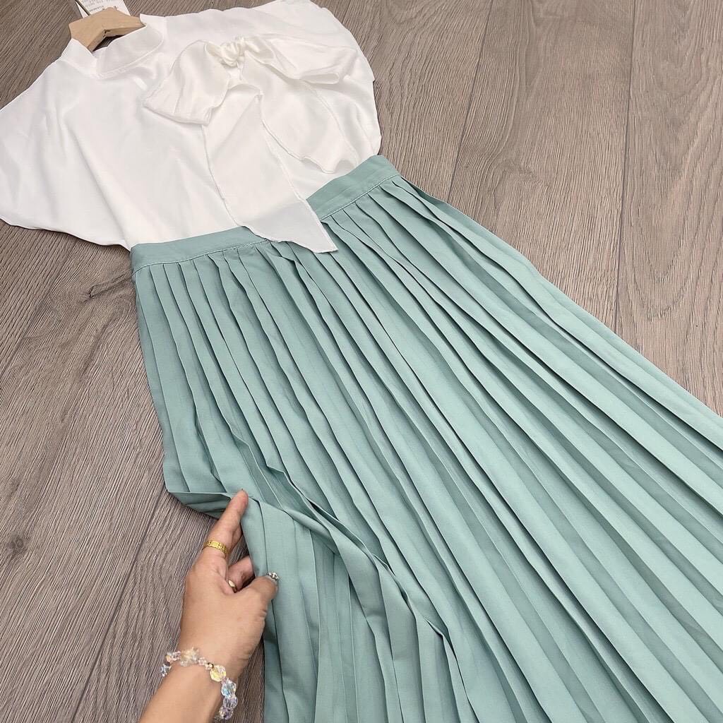 Set đầm váy  gồm chân váy xanh mint dập ly kèm sơmi trắng thắt nơ đẹp nữ tính
