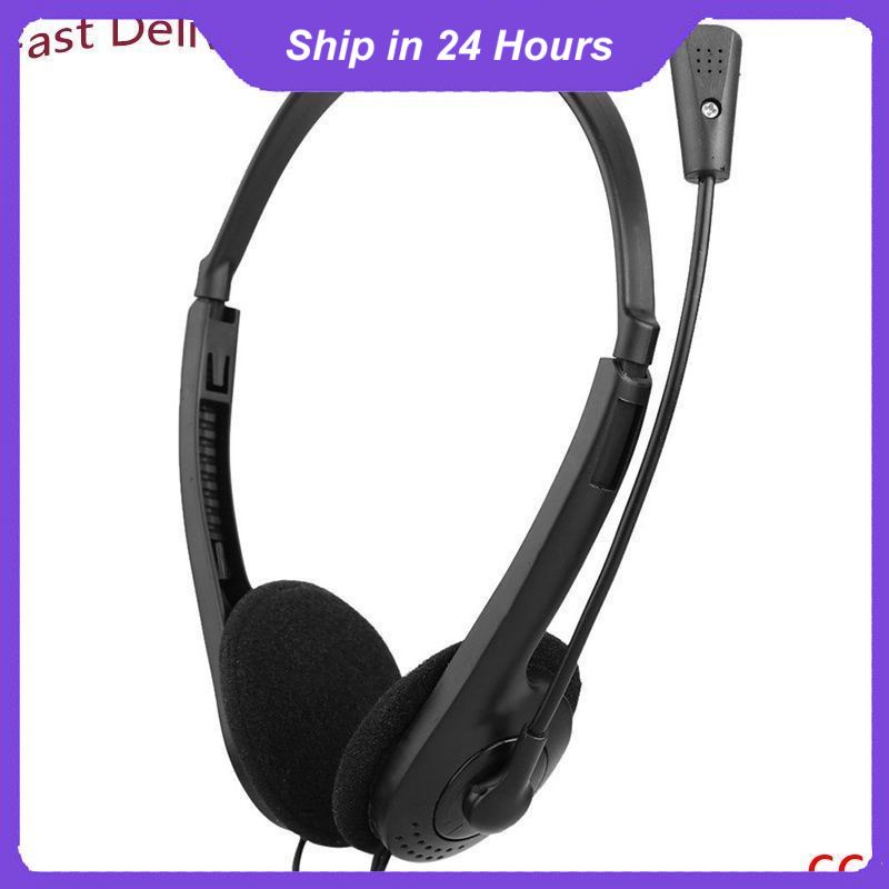 Tai nghe có dây 3.5mm màu đen âm thanh nổi khử tiếng ồn có micrô vòng đeo đầu điều chỉnh cho laptop máy tính để bàn