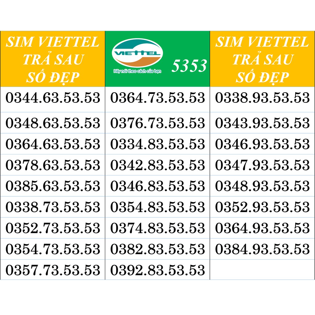 👉TRẢ SAU VIETTEL SỐ ĐẸP ĐẦU 03 VIP 35353, 36363, 37373