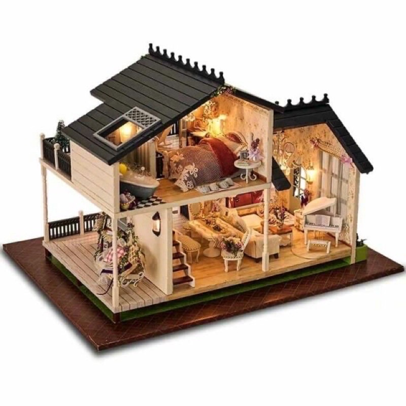 (Tặng keo sữa,đèn)Mô hình nhà búp bê bé tự lắp ráp đô chơi bằng gỗ Diy doll house 1032