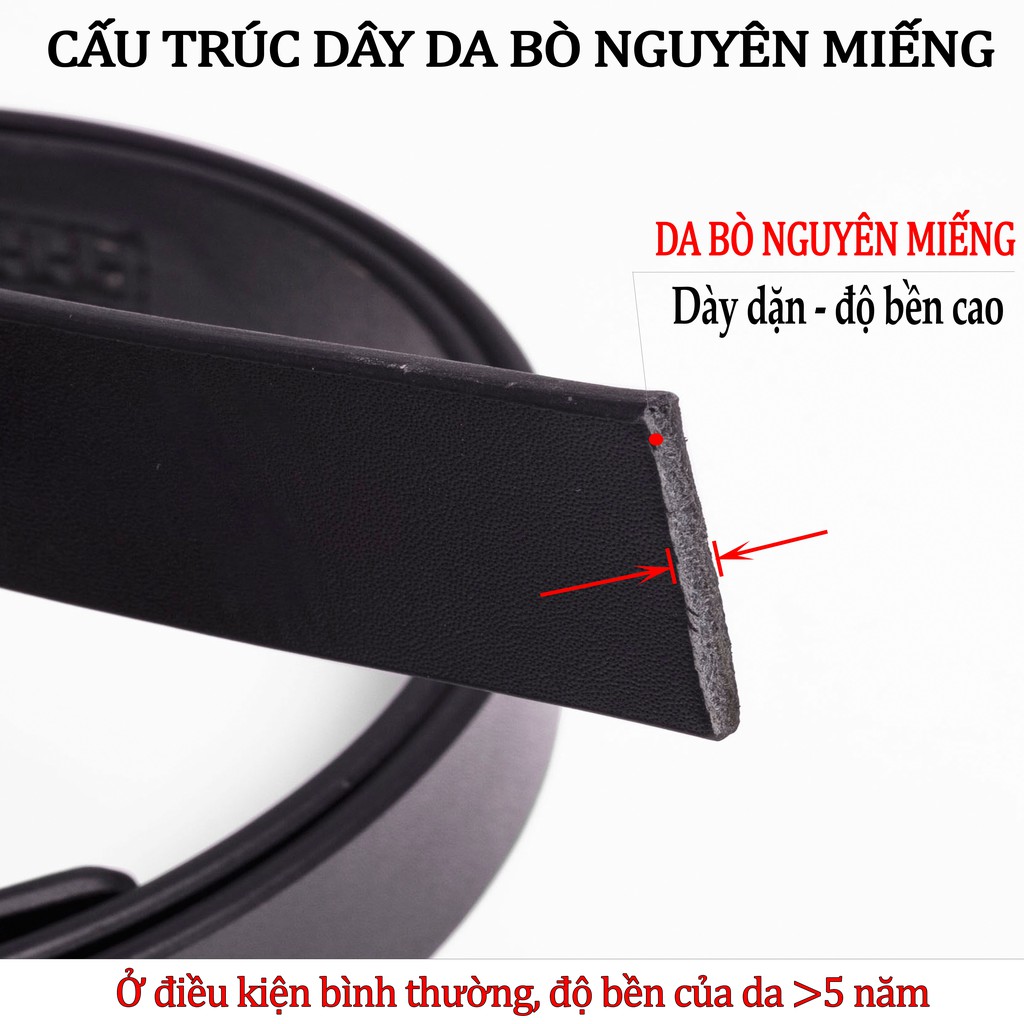 Dây lưng nam da bò nguyên tấm màu đen L110 cao cấp-khóa tự động nhiều mặt lựa chọn