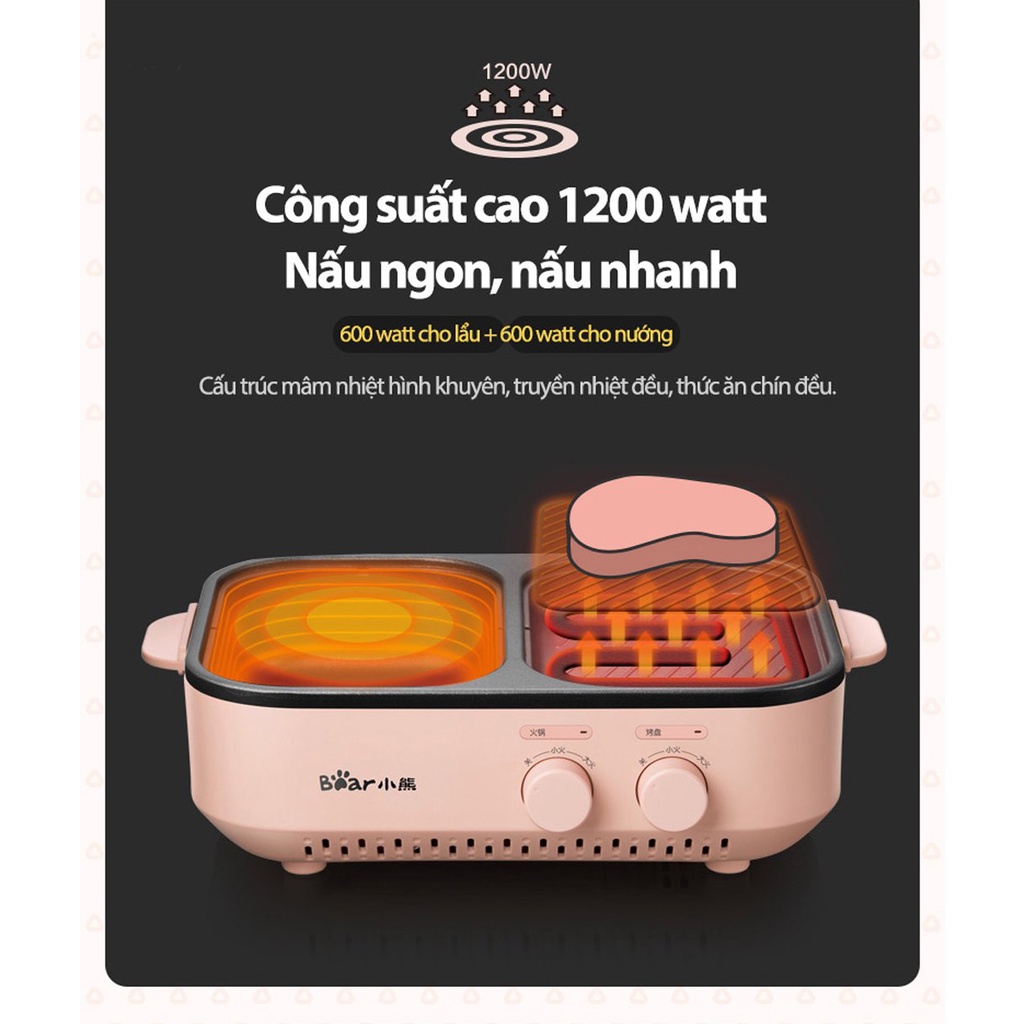 Bếp Lẩu Nướng Bear 2 in 1 Mini nhỏ gọn xinh xắn - Dụng cụ bếp đa Năng Cao Cấp