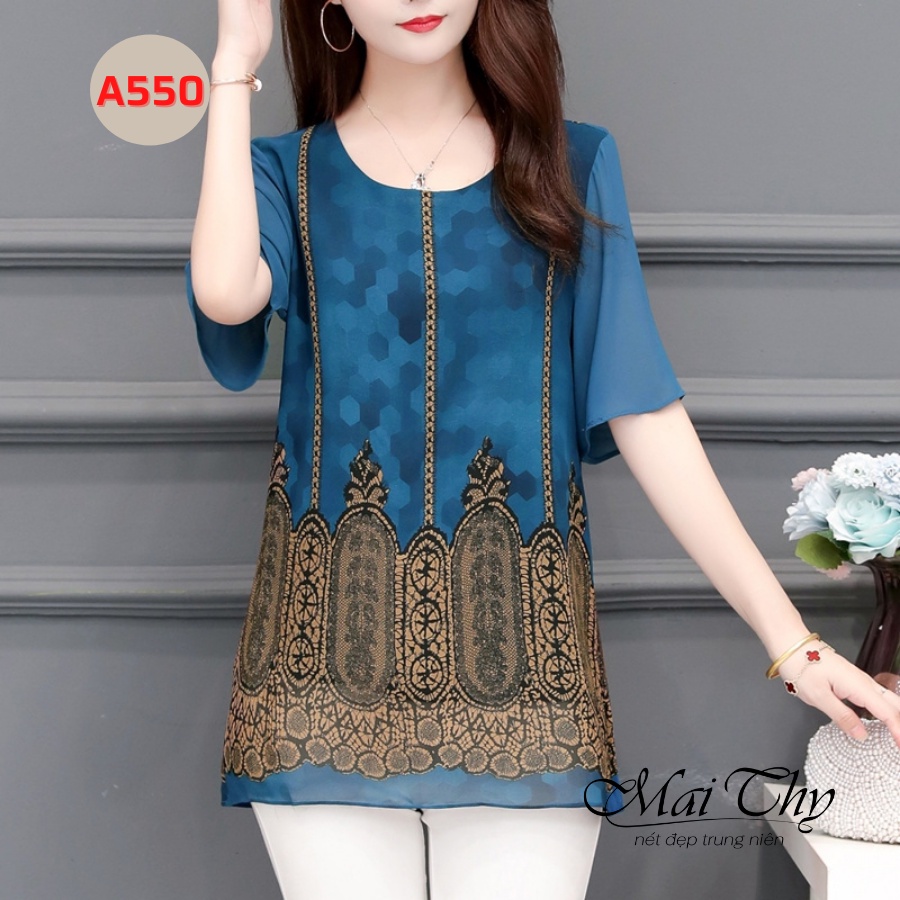 Áo Kiểu Thổ Cẩm MAI THY 550, Mẫu Áo Trung Niên Họa Tiết Thổ Cẩm Ngắn Tay Cổ Tròn Trang Nhã | Thời Trang Trung Niên U40