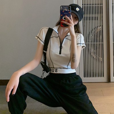 NRVP Áo cổ polo ngắn tay phối khóa kéo xinh xắn theo phong cách Hong Kong dành cho nữ 2020