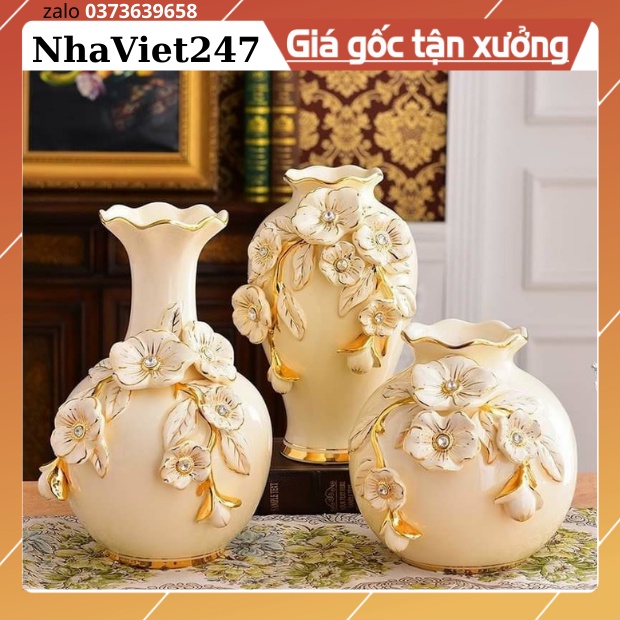 Bộ 3 Bình Hoa-Bình Cắm Bông Bằng Gốm Sứ Quảng Châu,Mạ Vàng,DECOR trang trí,Bàn,Tủ,Kệ,hàng cao cấp,giá rẻ,quà tặng đẹp