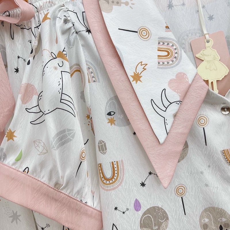 Bộ pijama lụa xước Quảng Châu cao cấp tay ngắn thỏ -dâu