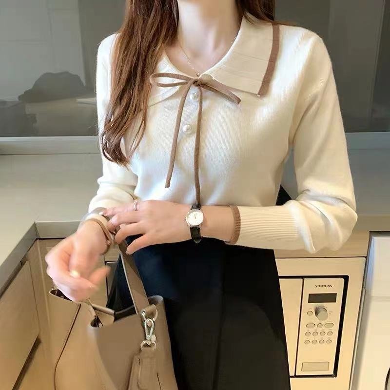 Áo len nữ LUHAZO cổ bẻ tay dài thắt nơ công sở kiểu Hàn Quốc chất đẹp màu basic F-2
