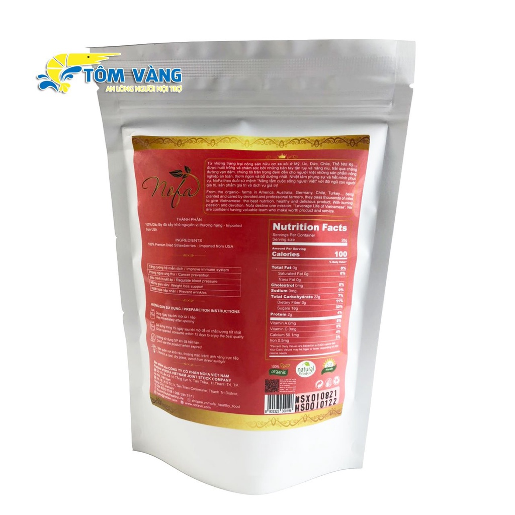 Dâu tây sấy dẻo Nofa không đường Giảm Cân - Đẹp Da - Chống Lão Hóa 250gr - Tôm Vàng