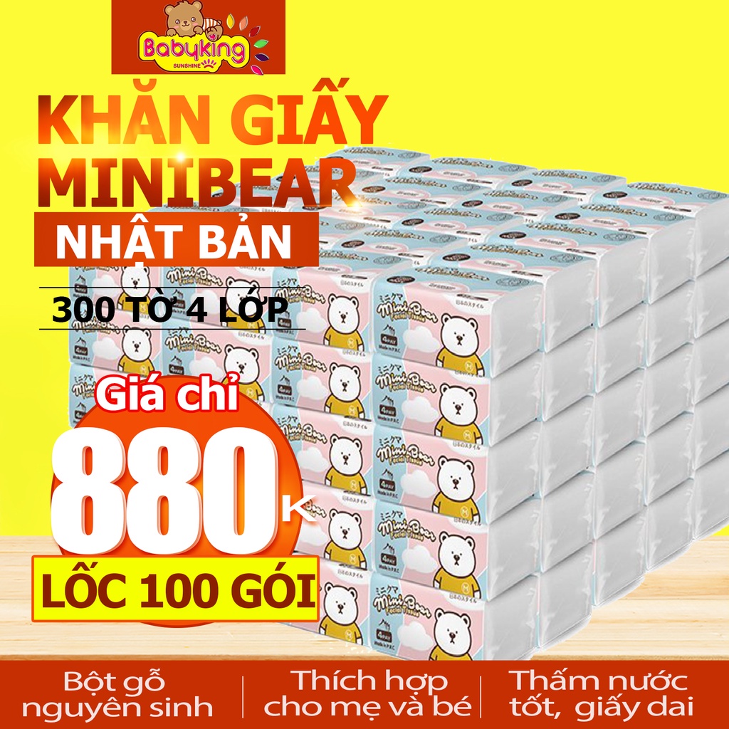 Lốc 100 Gói Khăn giấy rút Minibear thương hiệu của Nhật Bản, an toàn cho làn da bé
