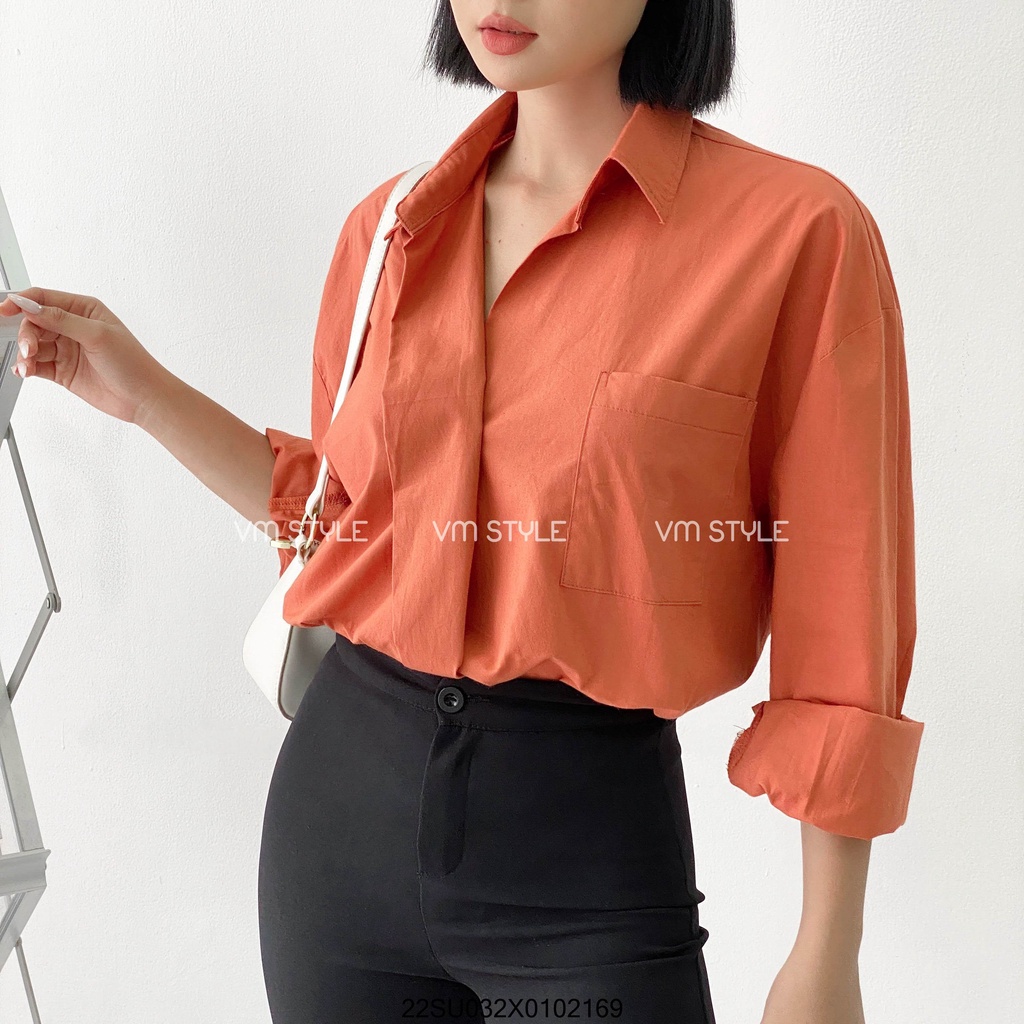 Áo sơ mi tay dài chéo vạt lệch VM STYLE 1 túi 10444 hàn quốc ulzzang thời trang nữ 22SU032X0102