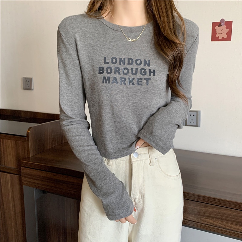 SUXI Áo Thun Tay Dài Cổ Tròn Màu Sắc Trơn In Chữ Phong Cách Hàn Quốc Dành Cho Nữ