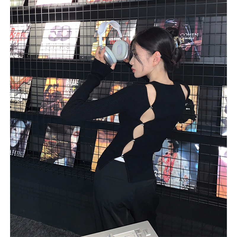 QKOOLE Áo croptop  dệt kim tay dài hở lưng phong cách Hàn Quốc thời trang