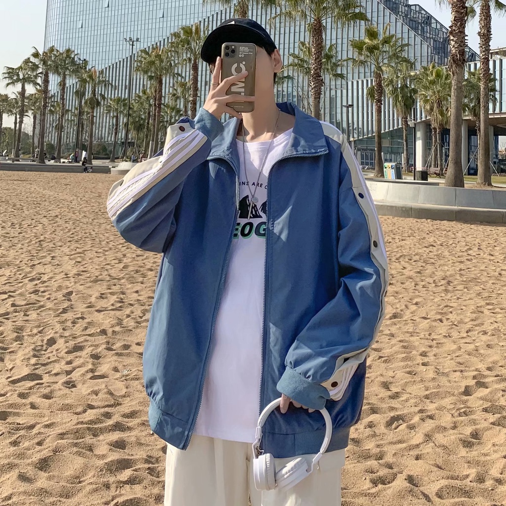 Áo Khoác Cổ Đứng Dáng Rộng Họa Tiết Kẻ Sọc Thời Trang Hàn Quốc Cho Nam