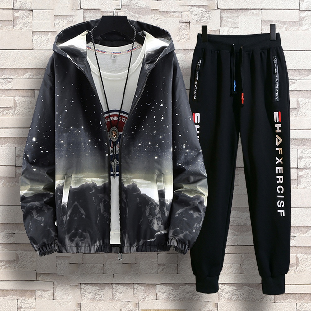 Bộ Đồ Thu Đông Nam Áo Khoác Nhẹ Mũ Trùm Đầu In Hình Phong Cảnh Phối Quần Jogger Bo Gấu ZENKODLMEN  SET NAM 90000131C