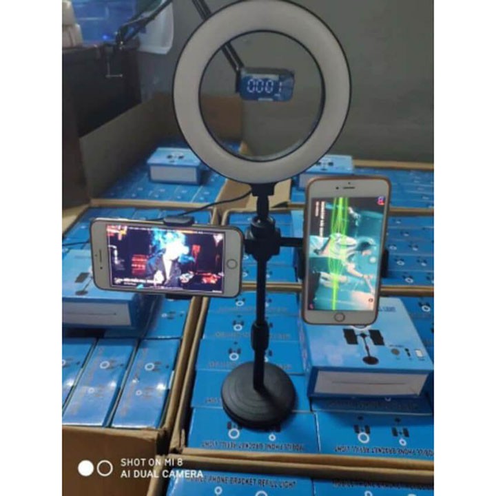 Giá Đỡ 2 Điện Thoại Livestream Có Đèn Led, Kẹp Điện Thoại Để Bàn Quay Video Tiktok Có Đèn Led 3 Màu