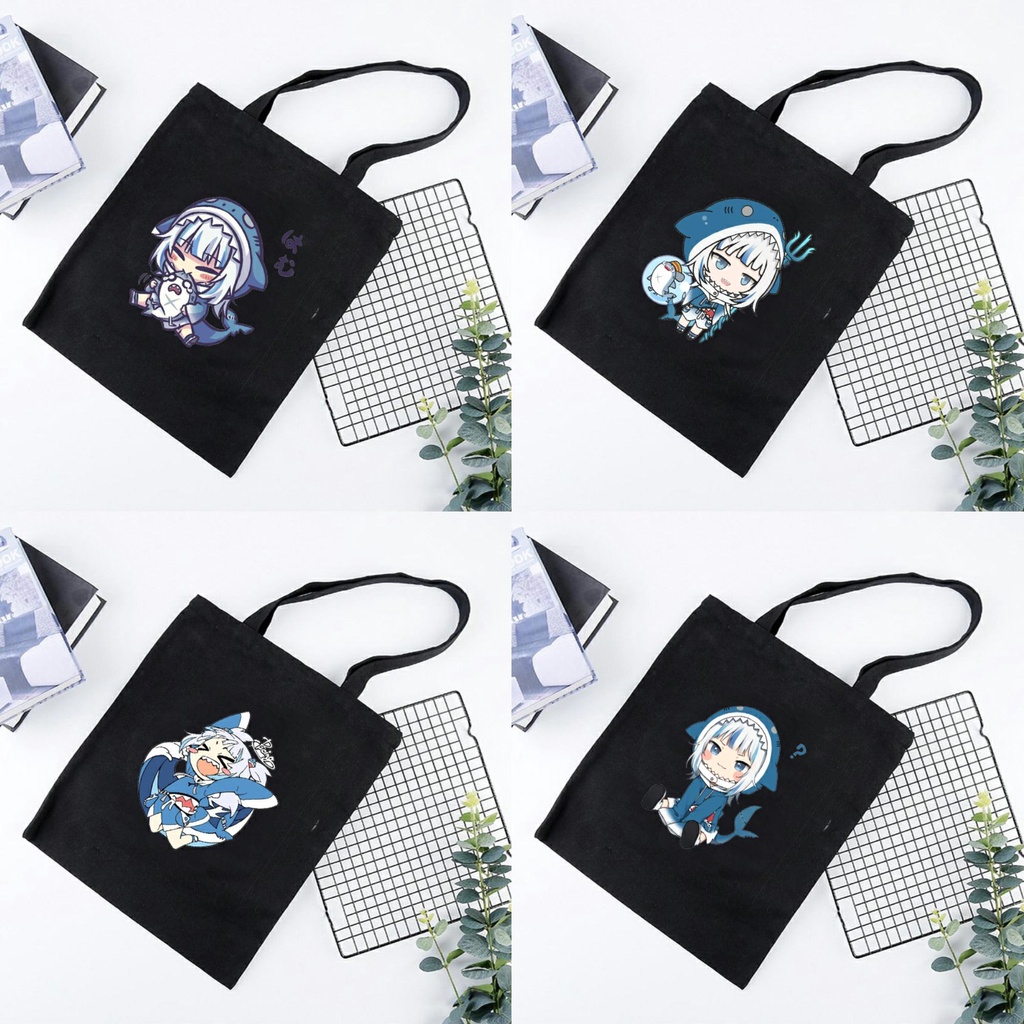 Túi tote vải đen đeo vai in hình GAWR GURA Hololive Vtuber phong cách anime chibi tiện lợi thời trang
