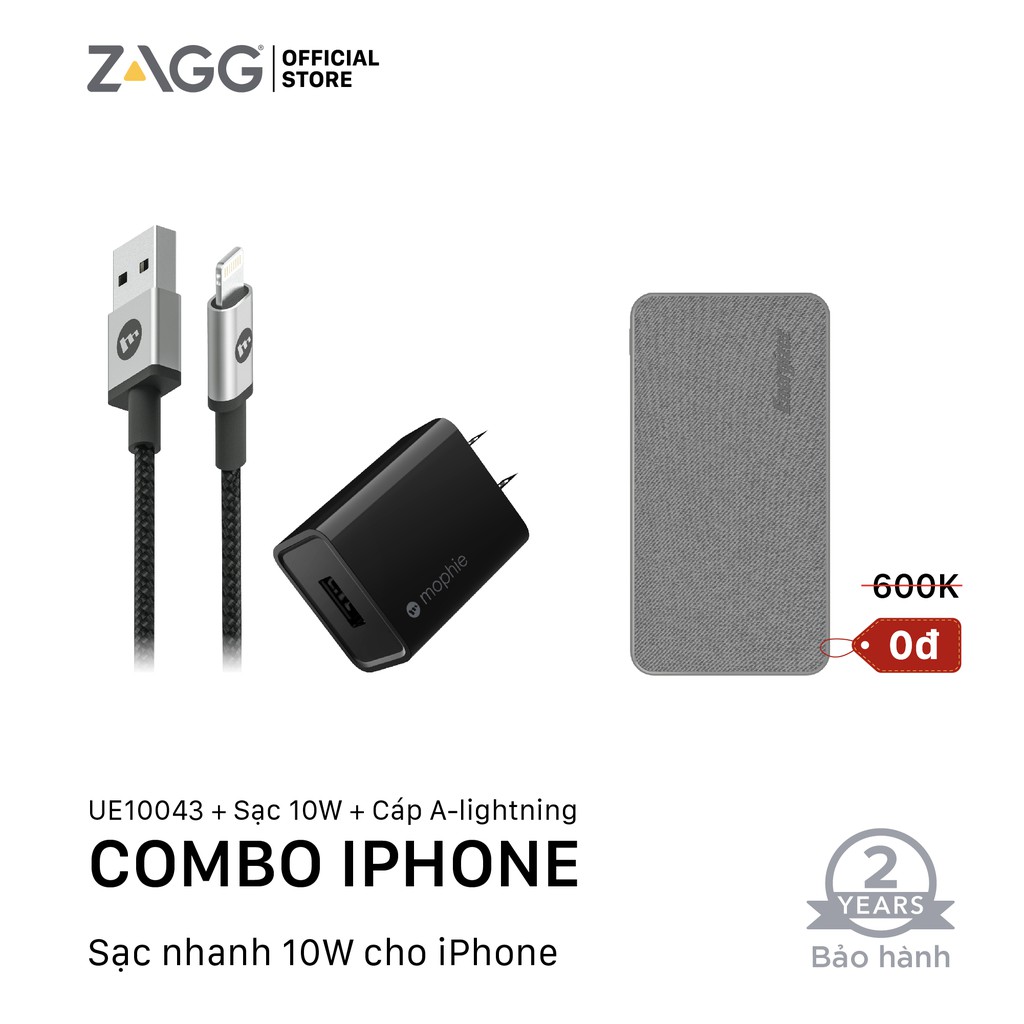 Combo: Sạc Mophie 10w - Cáp Mophie lightning 1M - Sạc dự phòng bọc vải Energizer Fabric 10000mAh - UE10043