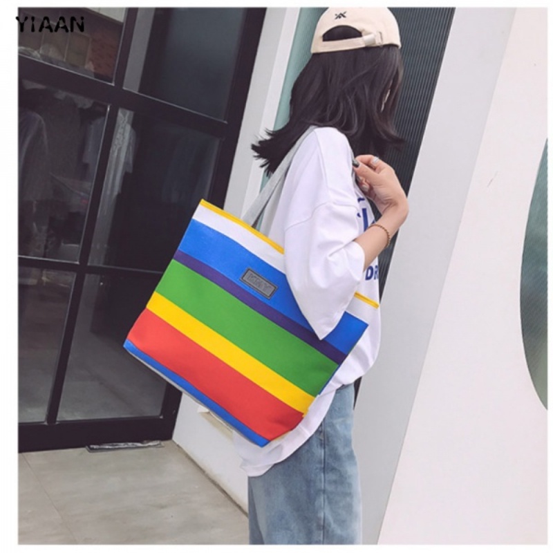 Yiaan's Túi Xách Đeo Vai Bằng Vải Canvas Kẻ Sọc Màu Tương Phản Sức Chứa Lớn Đơn Giản Cho Nữ Gz00286