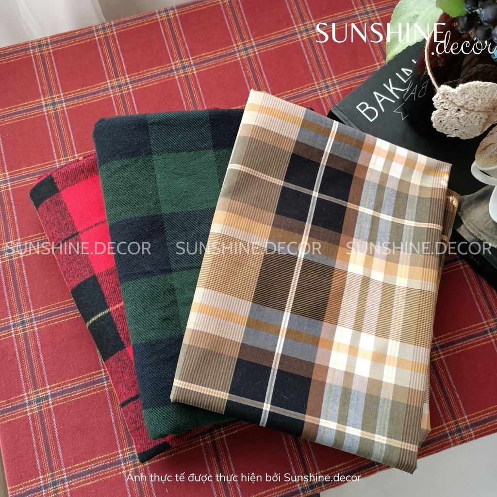 Khăn trải bàn kẻ caro đỏ, xanh, nâu Vintage trang trí Tết, Giáng Sinh, lễ hội Noel