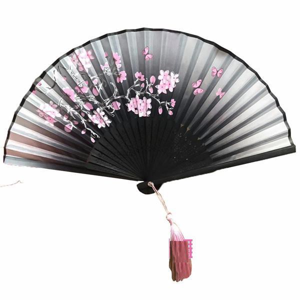 Quạt cổ trang dây tuyến xám đào quạt xếp cầm tay phong cách Trung Quốc