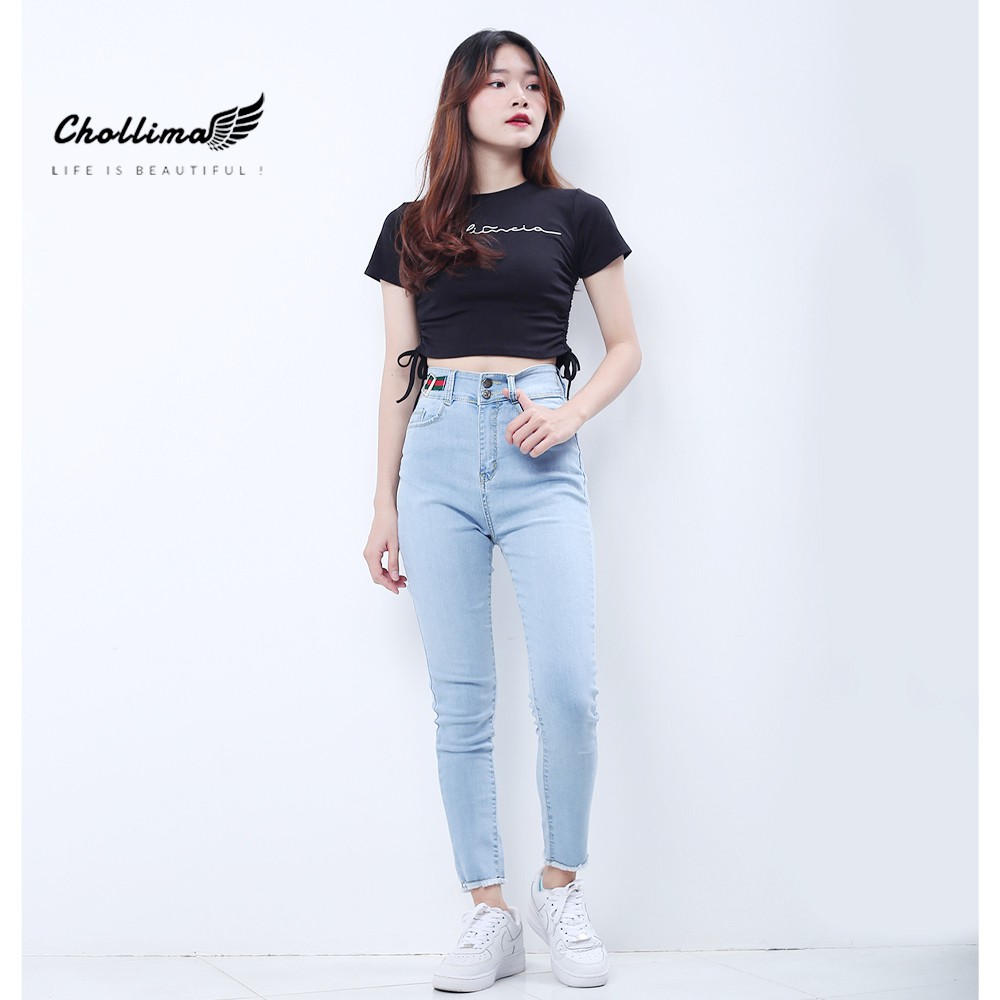 Quần jeans nữ co giãn Chollima cạp siêu cao đắp nịt màu xanh trắng QD025