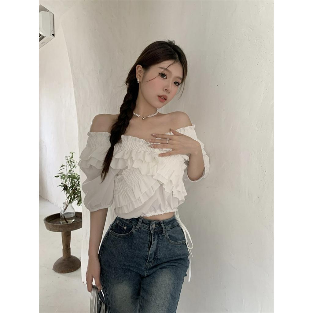 ZHELIHANGFEI Áo Kiểu Trễ Vai Tay Ngắn Màu Hồng Ngọt Ngào