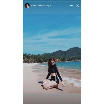 [BIKINI TAY DÀI LƯNG CAO] Đồ bơi 2 mảnh tay dài màu đen chạy sọc trắng mix quần cao che bụng kín đáo