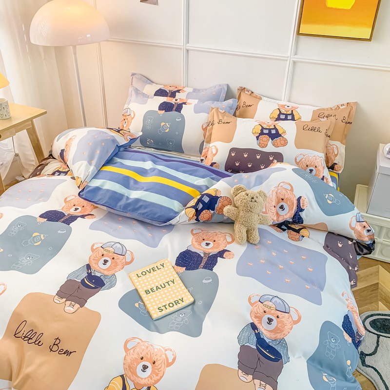 Bộ vỏ chăn ga gối cotton poly - Mẫu little bear ga kẻ.