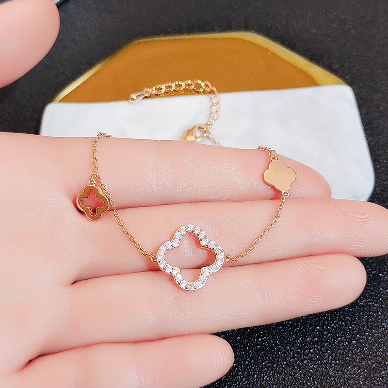 [Jiudolan] Vòng Tay Thép Titan Lên Màu Nhanh Hình Cỏ Bốn Lá Đính Kim Cương Thời Trang Cho Nữ