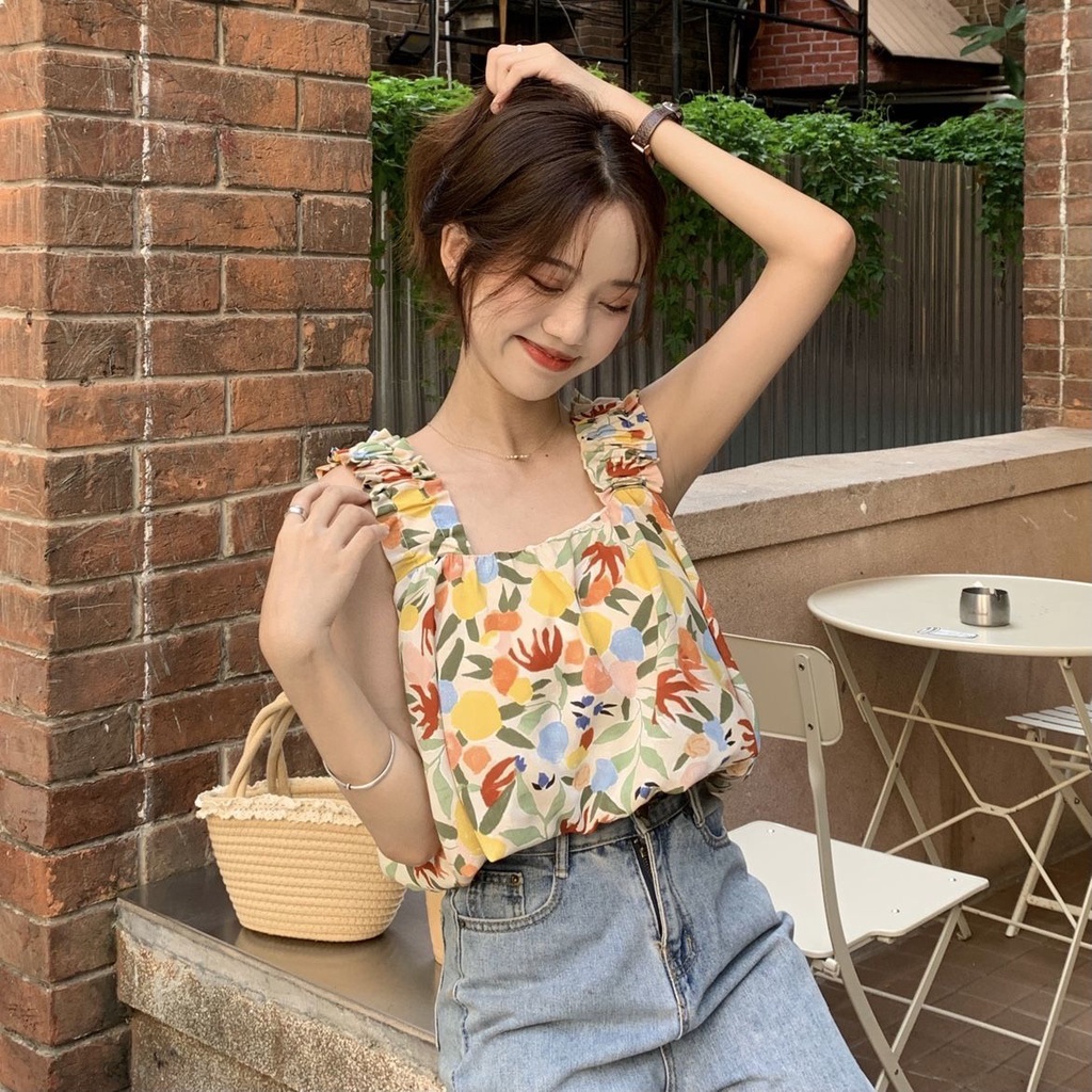 Áo Hai Dây Dáng Ôm In Hoa Thời Trang Mùa Hè Phong Cách Hàn Quốc Cho Nữ