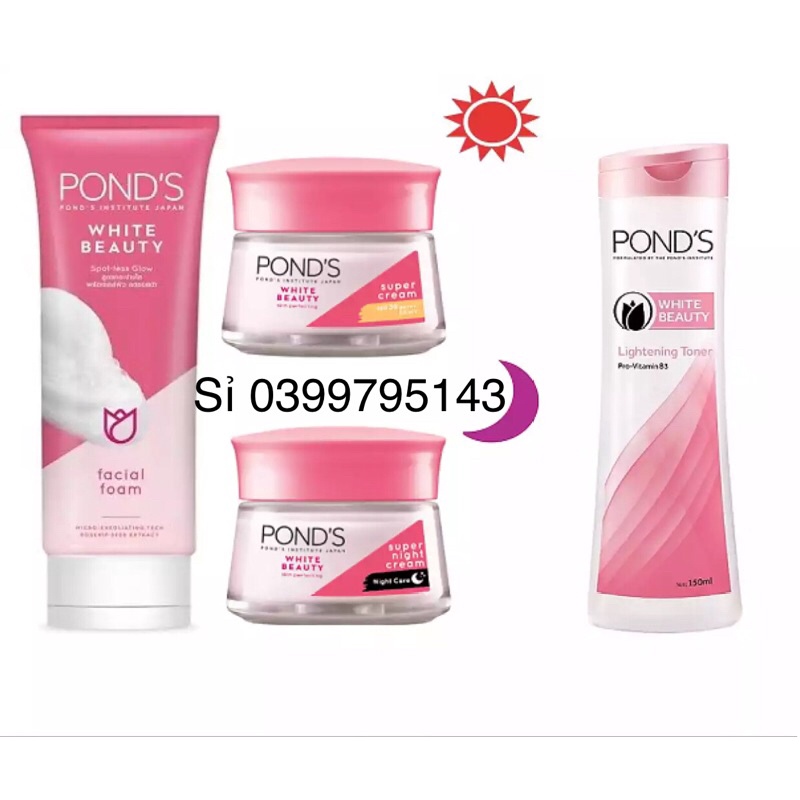 Bộ kem Ponds trắng da, kem Ponds ngày 30g, kem đêm 30g, srm 100ml, nước hoa hồng 100ml