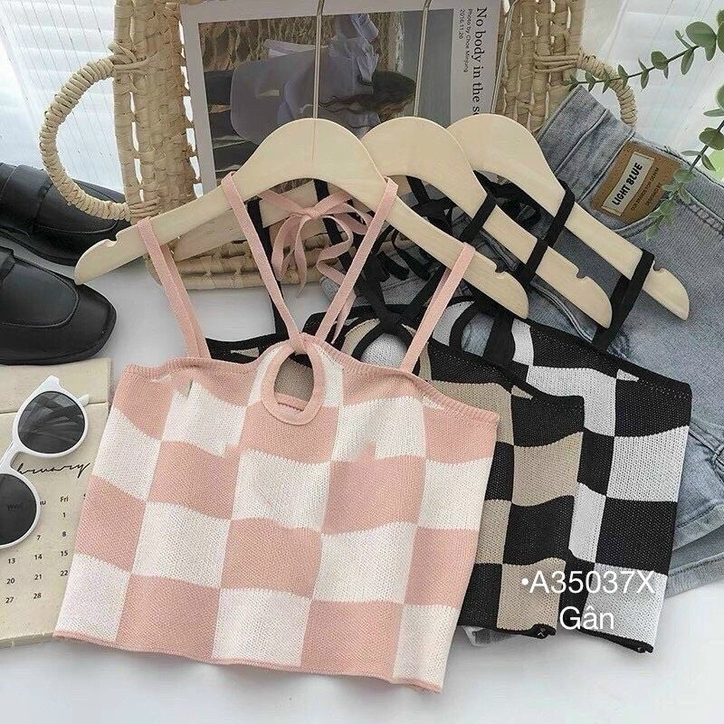 Áo Yếm Áo Croptop Nữ Kẻ Caro Dây Yếm Cách Điệu Thun Gân Co Dãn Màu Đen/Hồng BEBEDOLL