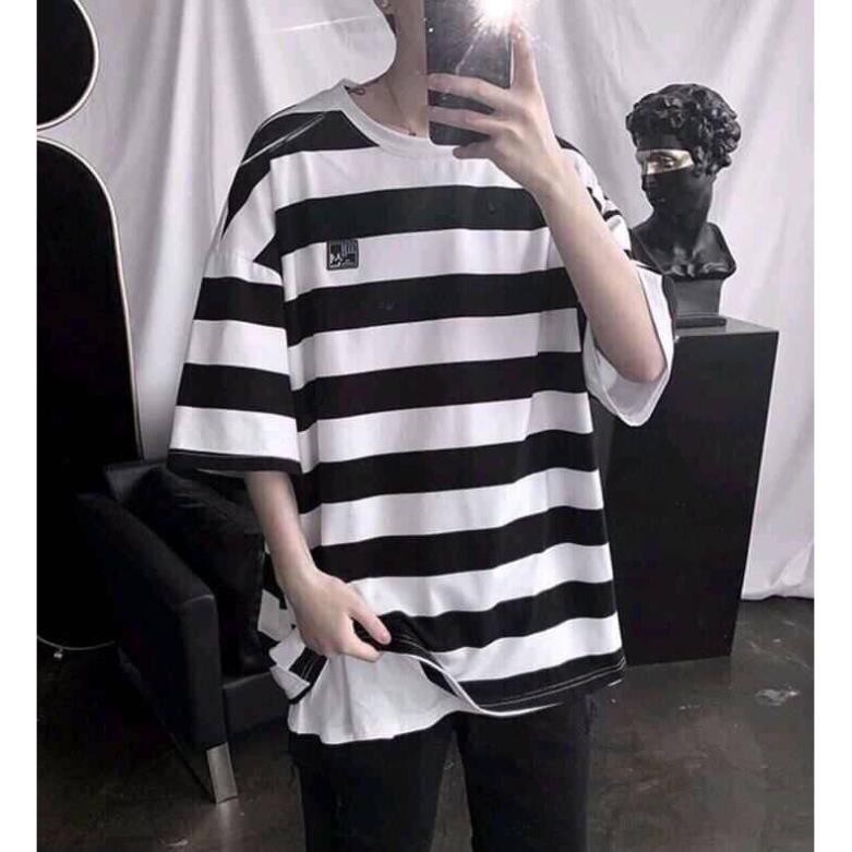 Áo thun unisex tay lỡ form rộng ,sọc ngang đen trắng * *