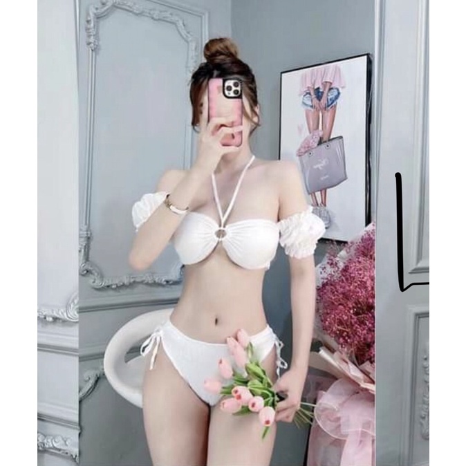 Set bikini đũi xốp kèm khăn quấn tay trễ vai nhiều màu S07