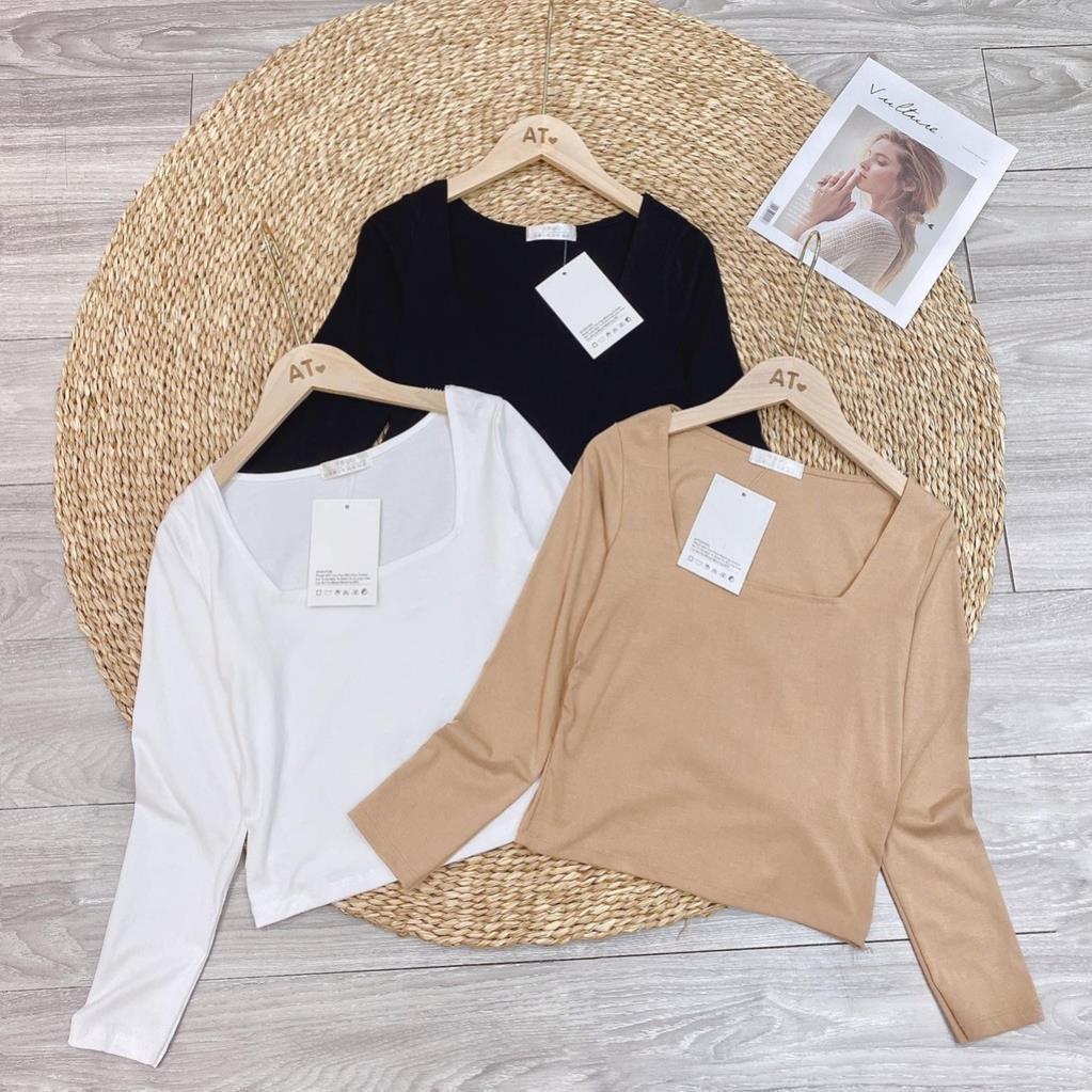 Áo Croptop Len ZIP Cổ Vuông Nữ ♥ Thun tăm dài tay, phông trơn body dáng suông ôm màu ĐEN | TRẮNG | NUDE Ulzzang HOT ♥ *