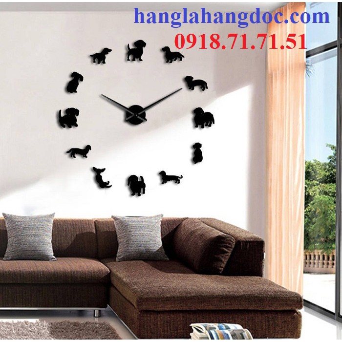 Đồng hồ dán tường DIY clock 3D hình chó cưng, mẫu số 17