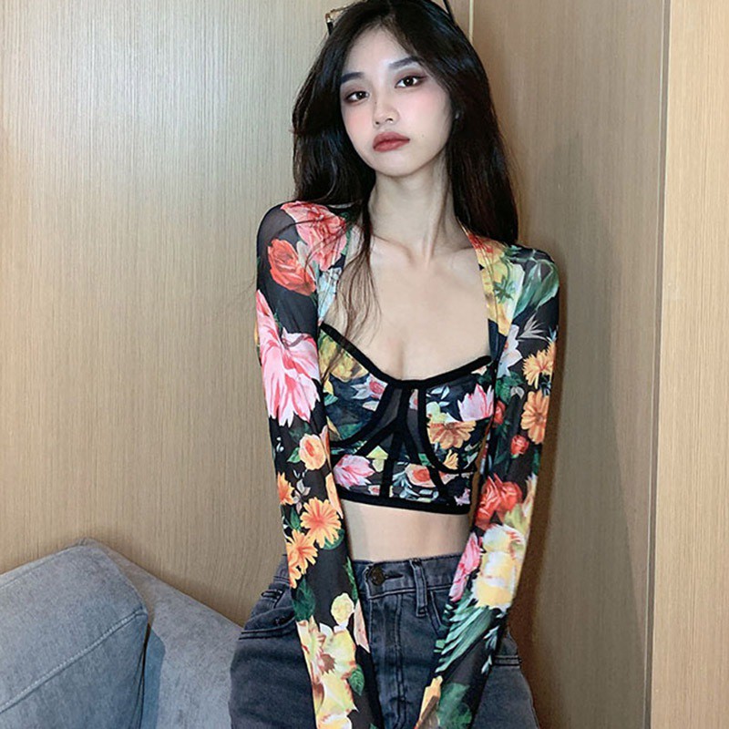 Áo lưới lửng tay dài in hoa thời trang cổ điển quyến rũ cho nữ